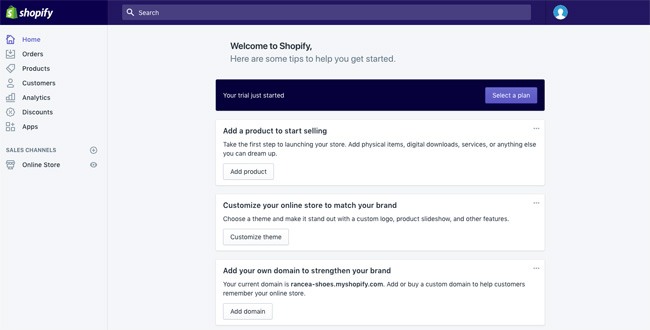 create online store - shopify dashboard