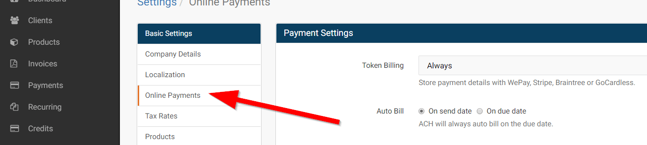 online payments in invoice ninja