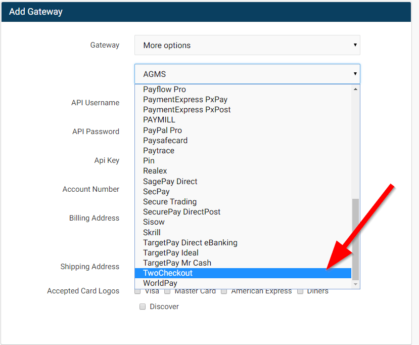 select twocheckout in invoice ninja