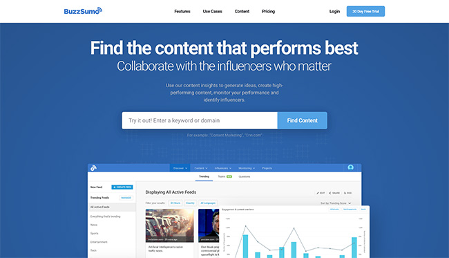 buzzsumo homepage - social media automation tool