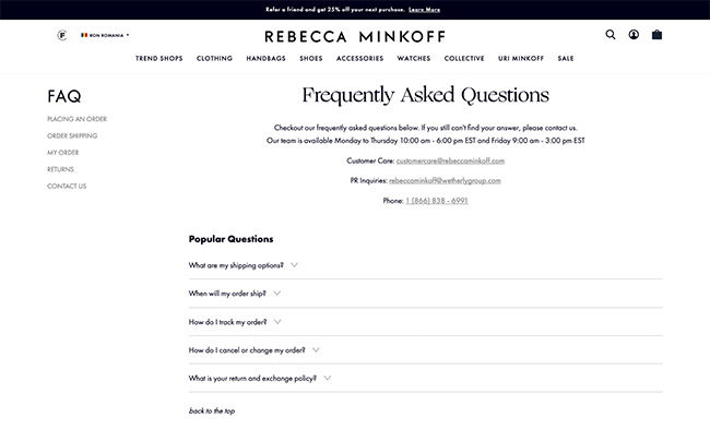 faq page examples - rebecca minkoff