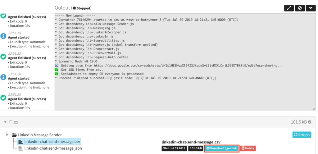 console results CSV file download