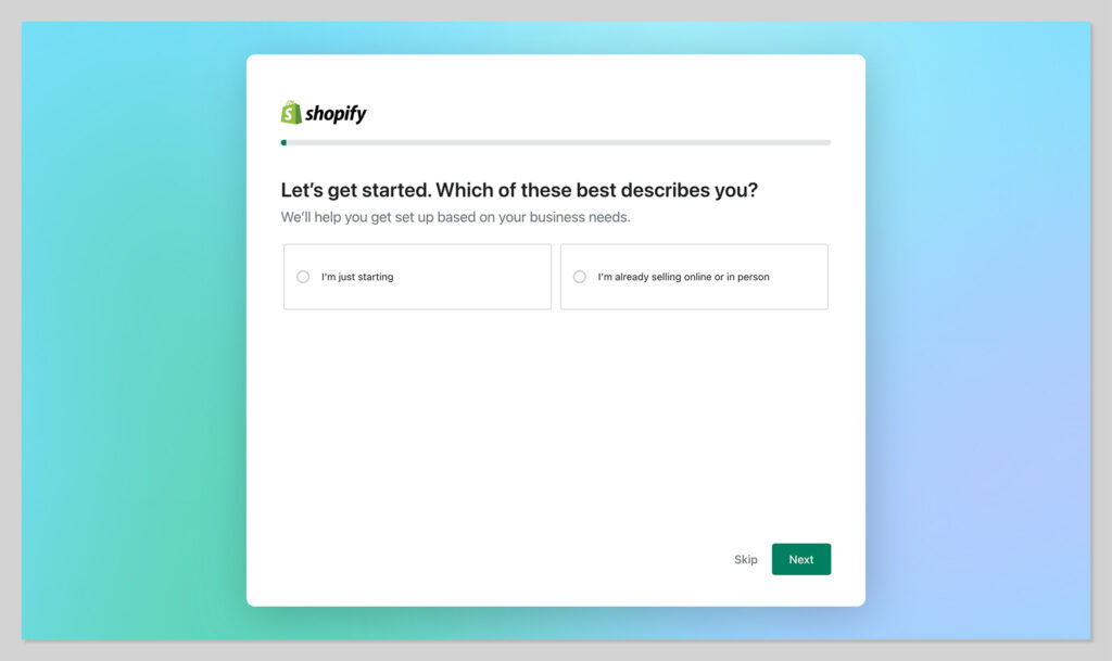 shopify signup get started page