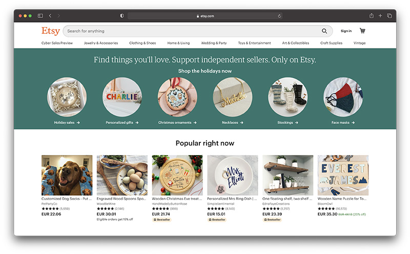 etsy homepage - shopify vs etsy