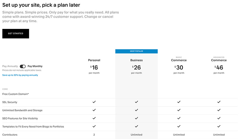 squarespace - pricing