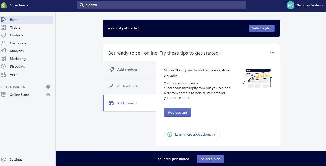 how to sell on shopify - add domain name