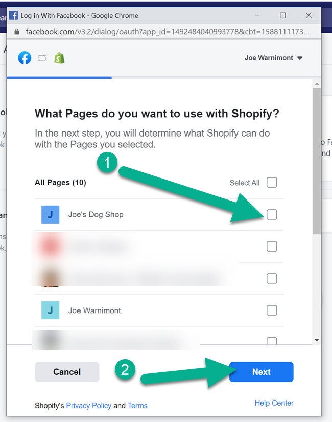 choose page - how to sell on Facebook