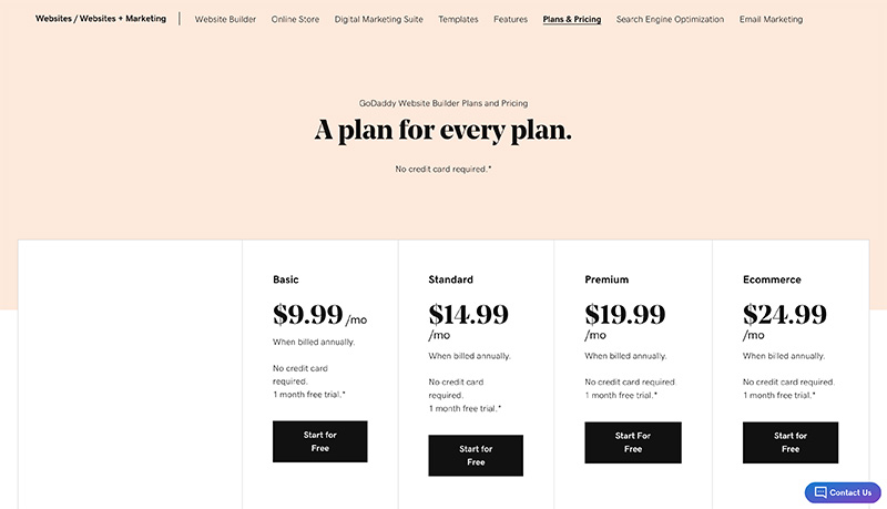 godaddy website builder online store pricing