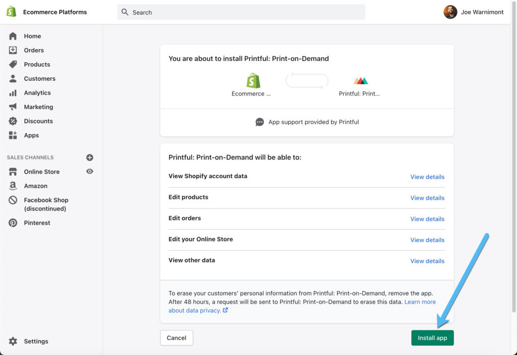 install app button - how to use Printful with Shopify