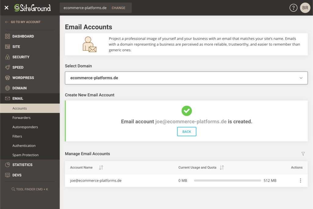 email accounts - SiteGround review