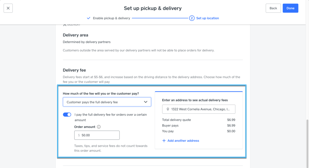 delivery fee on Square Online for Restaurants