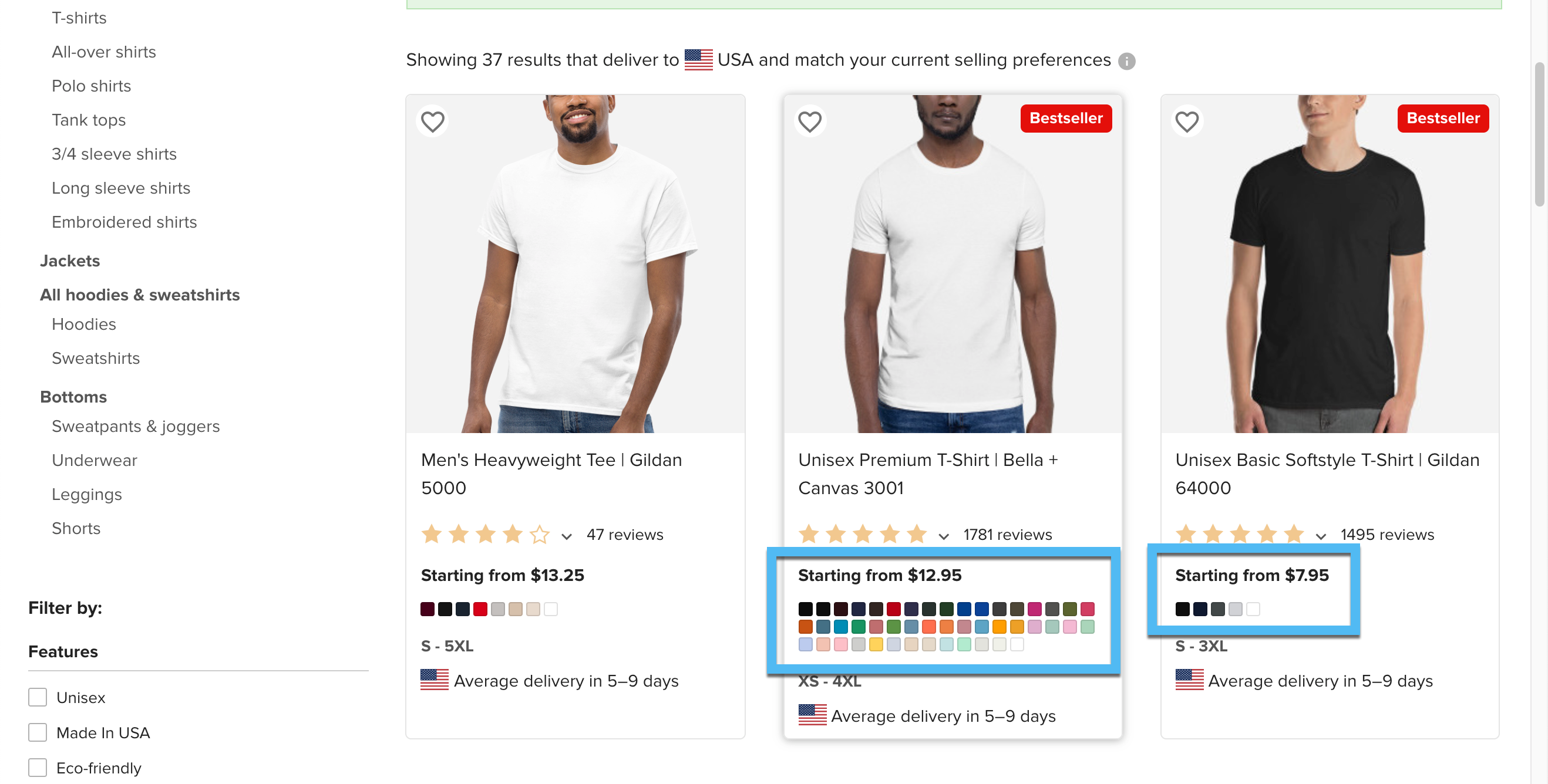 different Printful pricing on shirts