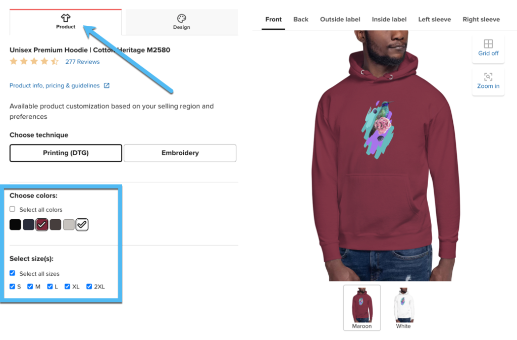 choose colors for Printful and WooCommerce