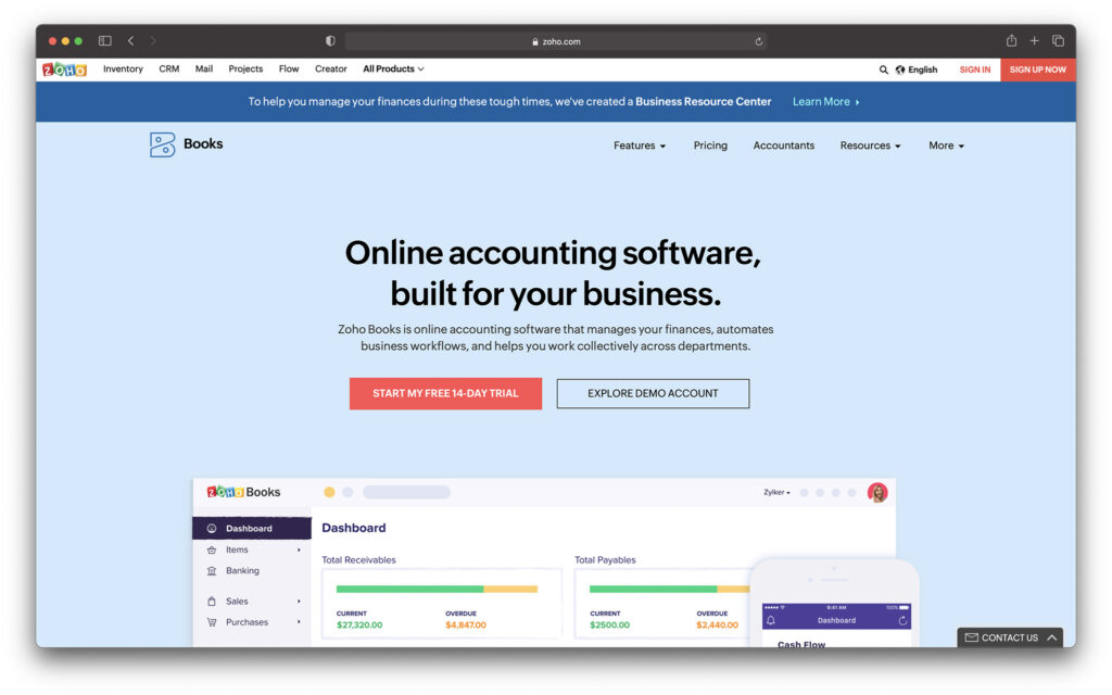 zoho books homepage - best accounting software