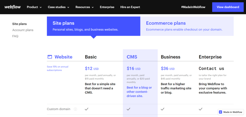 Webflow pricing