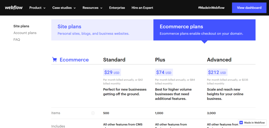 Webflow pricing ecommerce plans