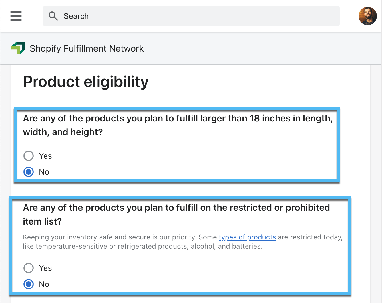 product eligibility - setup Shopify fulfillment