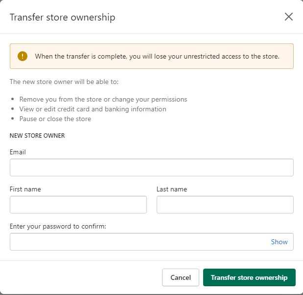 shopify transfer store ownership