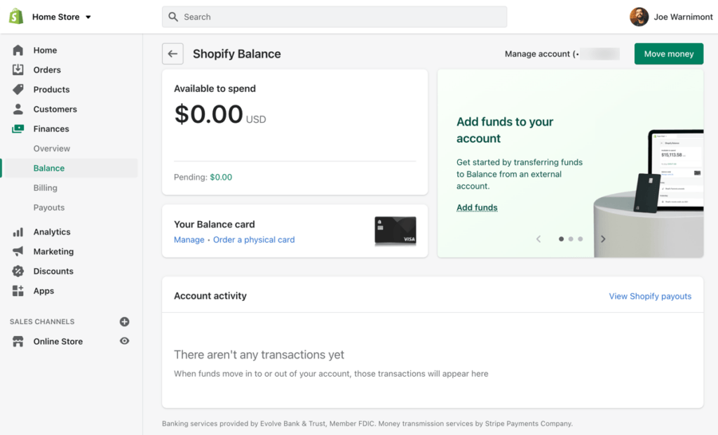 Shopify Balance dashboard 