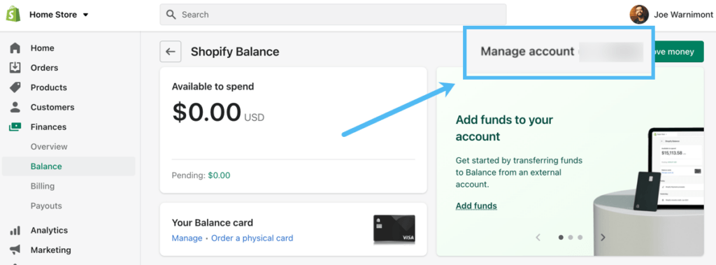 manage Shopify Balance account 