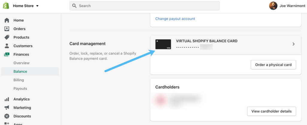 virtual card for Shopify Balance