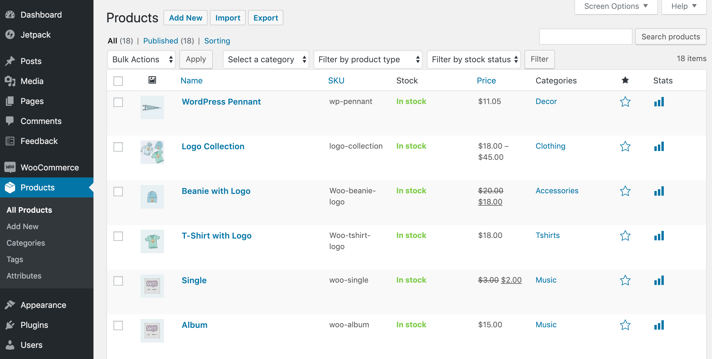 WooCommerce dashboard