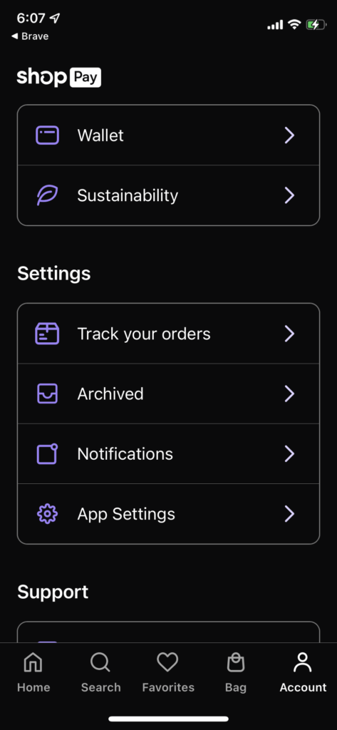 settings section on the app
