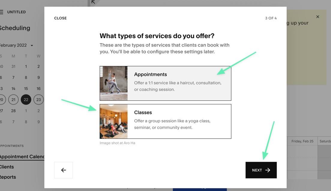 choose appointments or classes - Squarespace scheduling review 