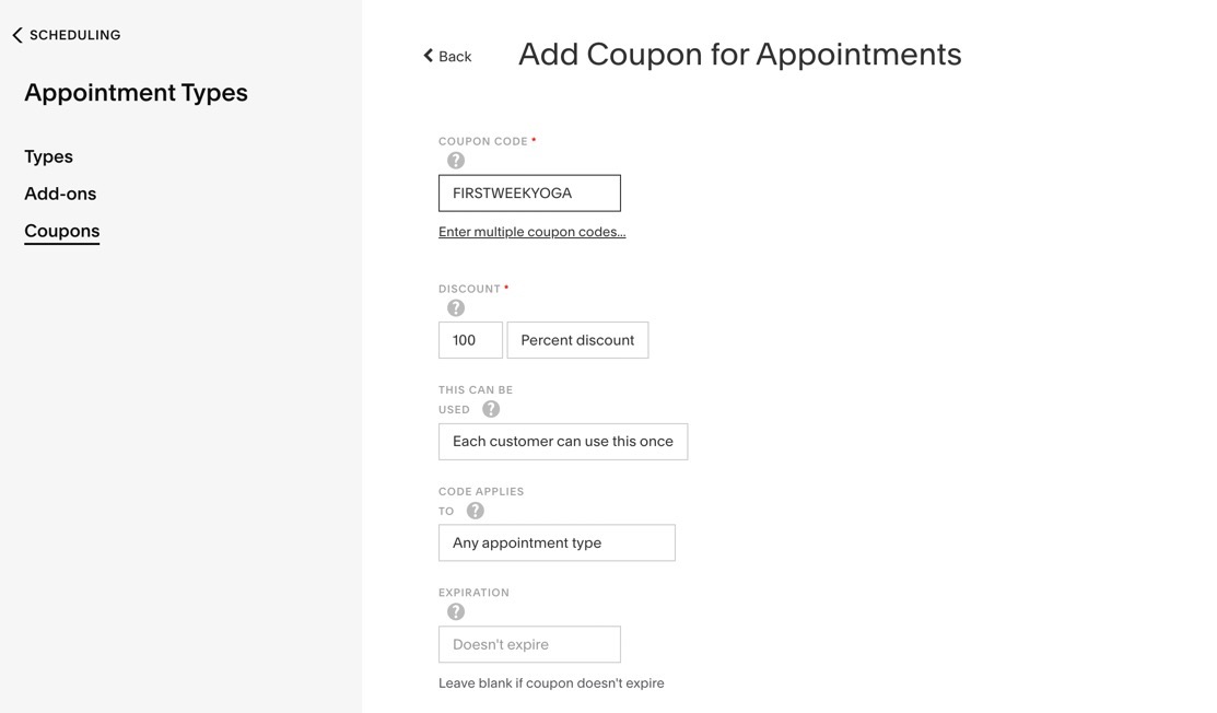 add coupons - Squarespace scheduling review 