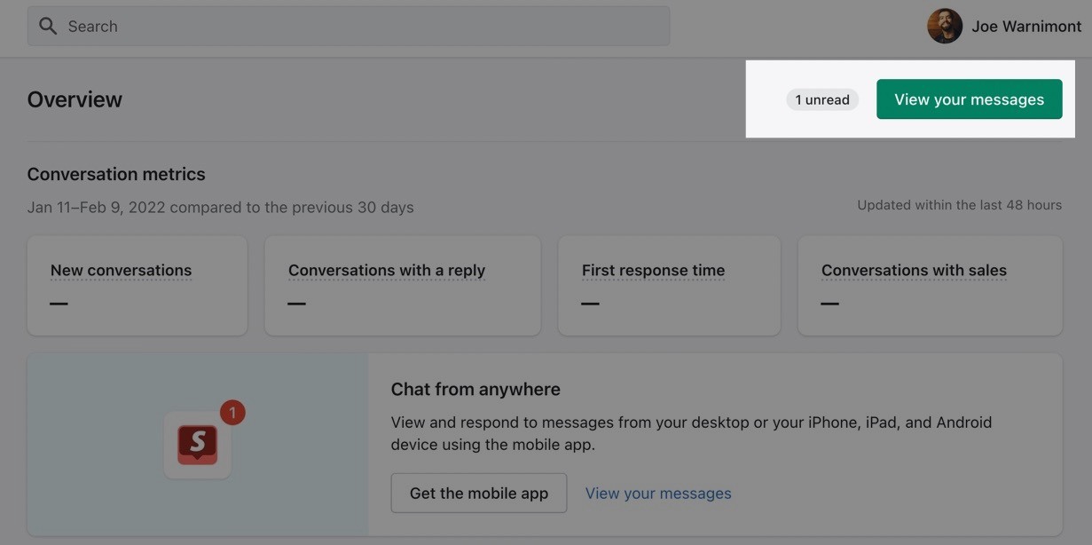 view your Shopify Inbox messages button