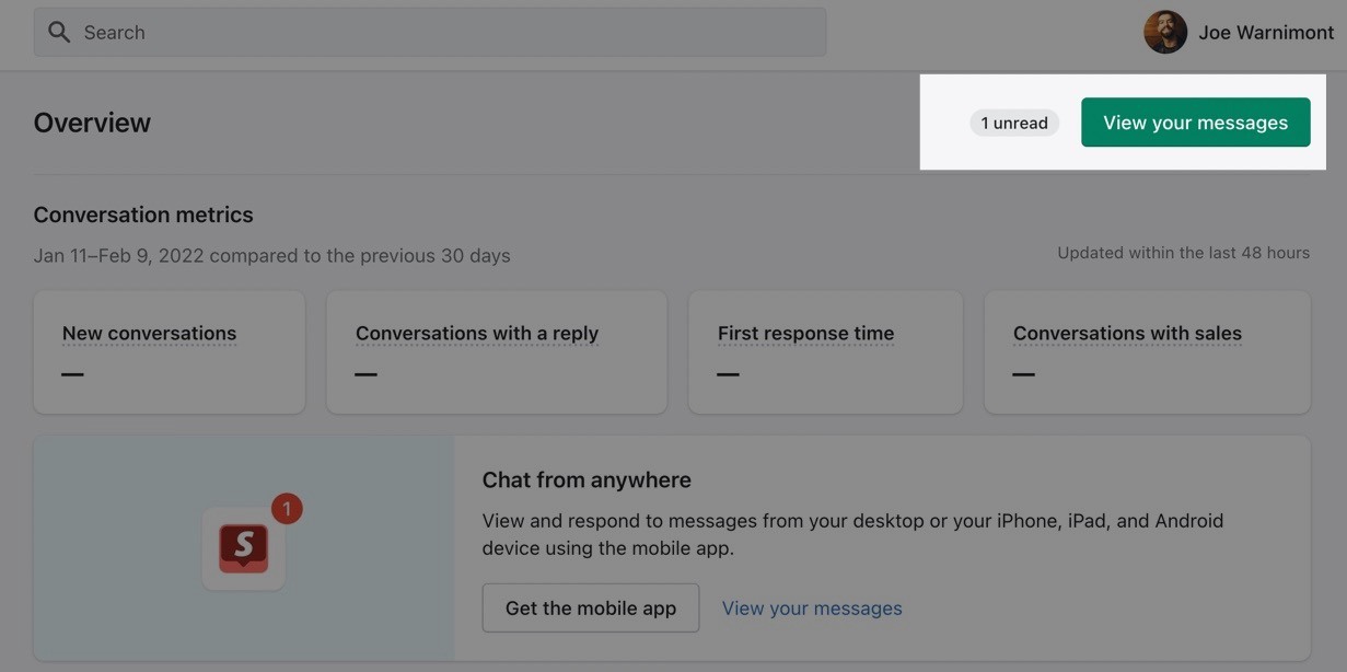 view your Shopify Inbox messages button 