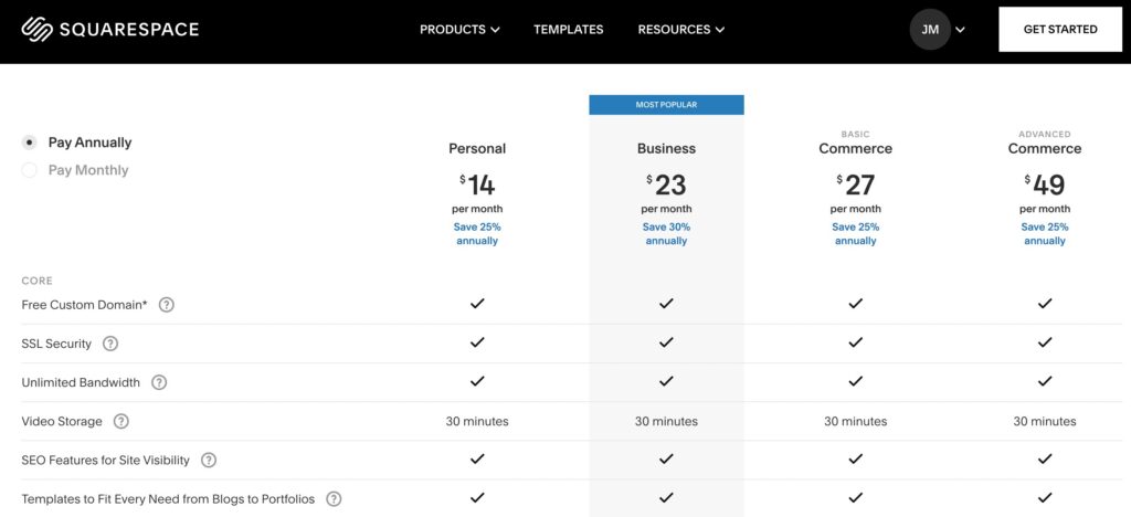 the Squarespace pricing plans