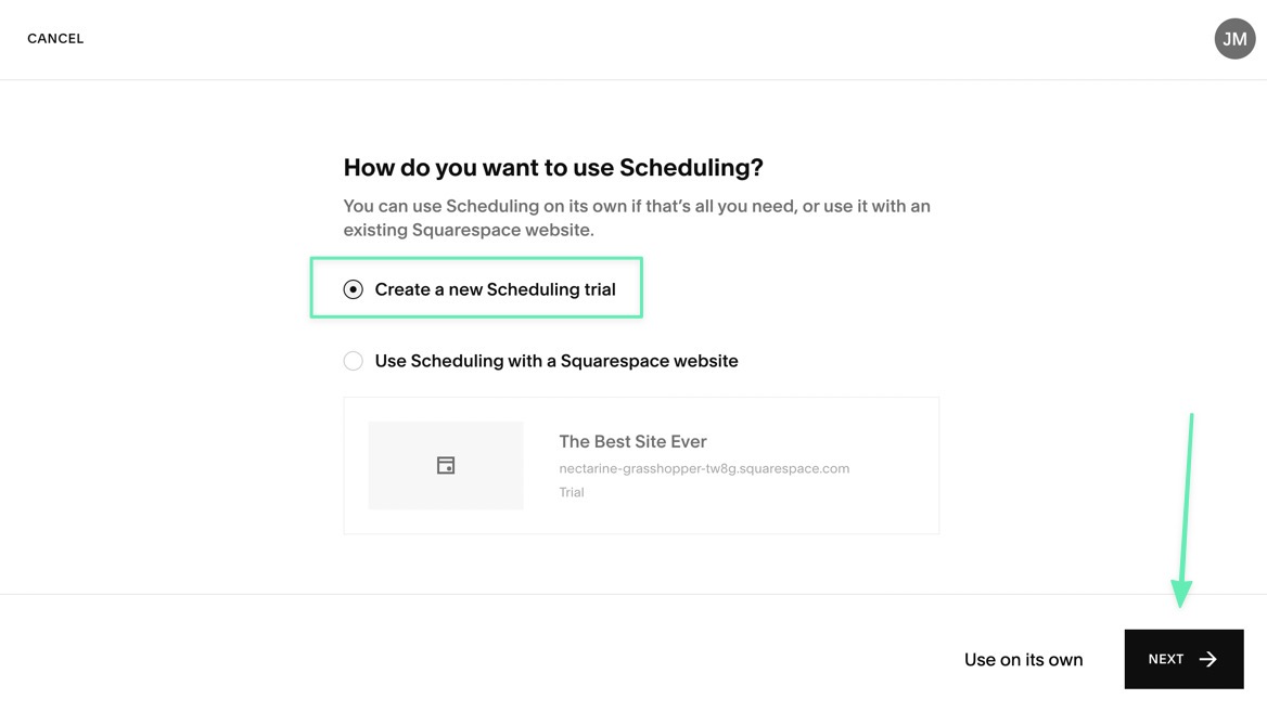 create new Squarespace scheduling trial 