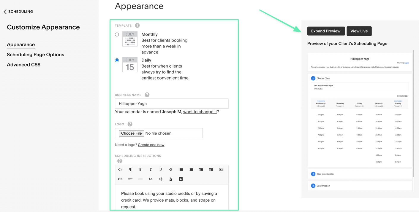 appearance of Squarespace scheduling