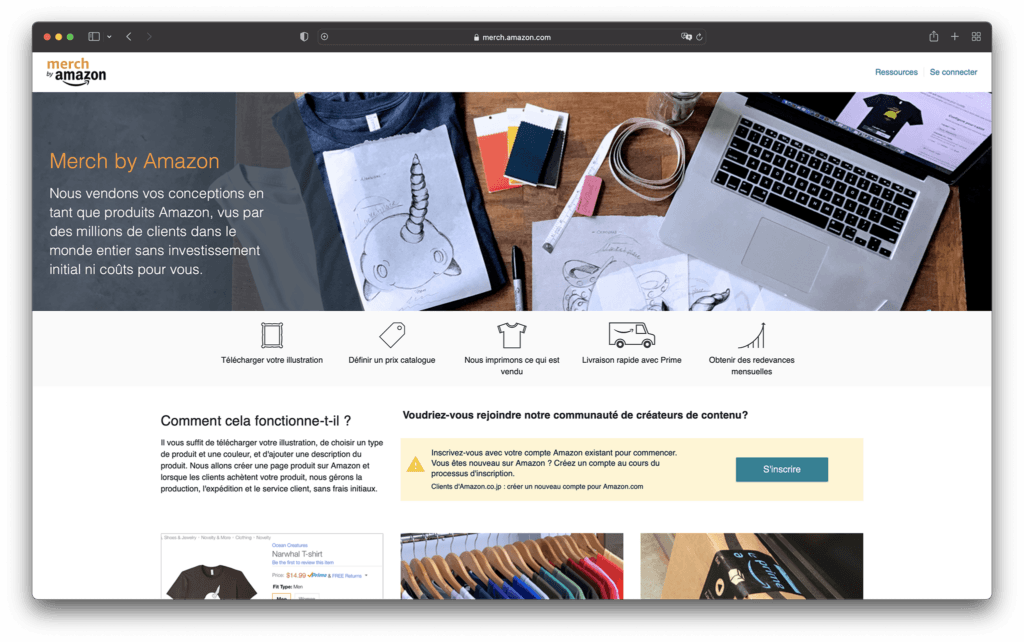 merch by amazon homepage - best print on demand companies france