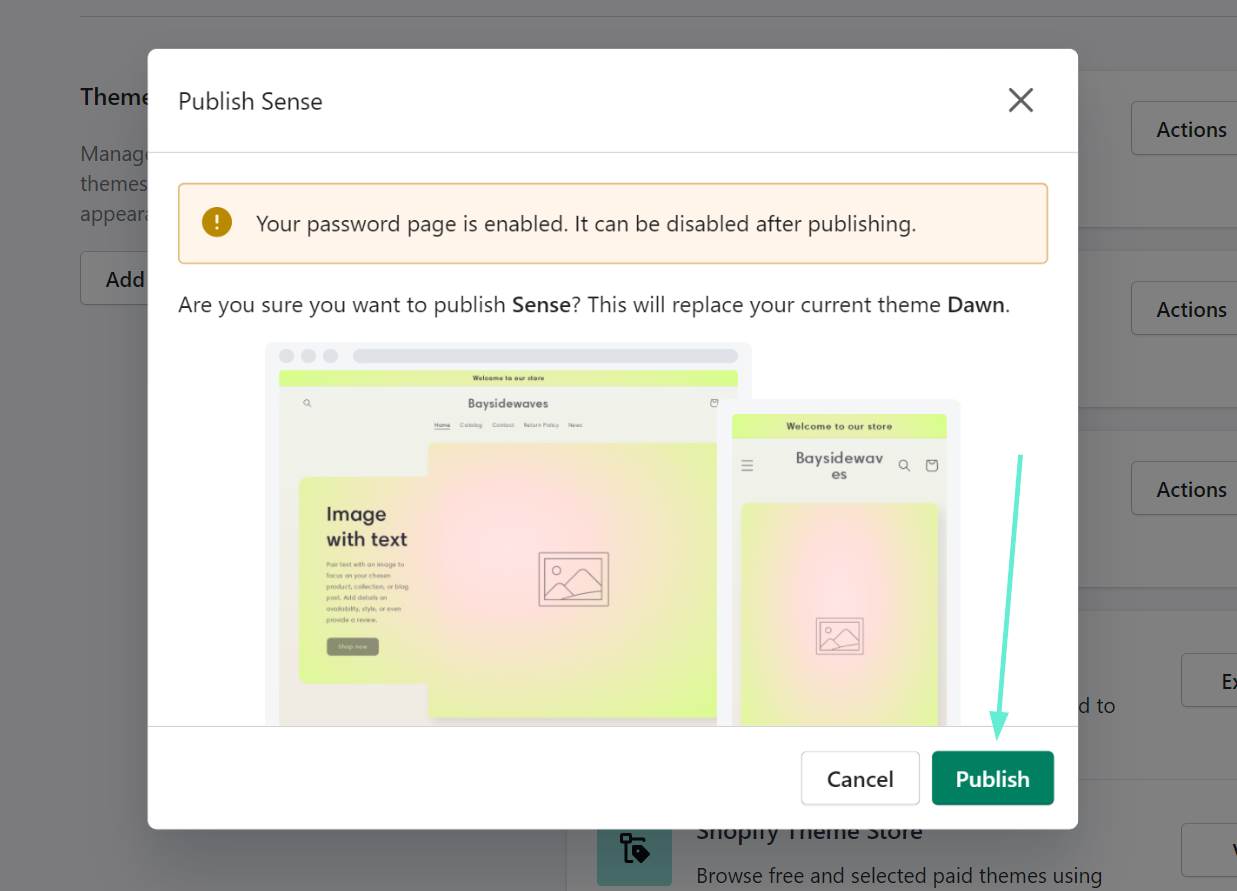 publish button - how to change themes on Shopify