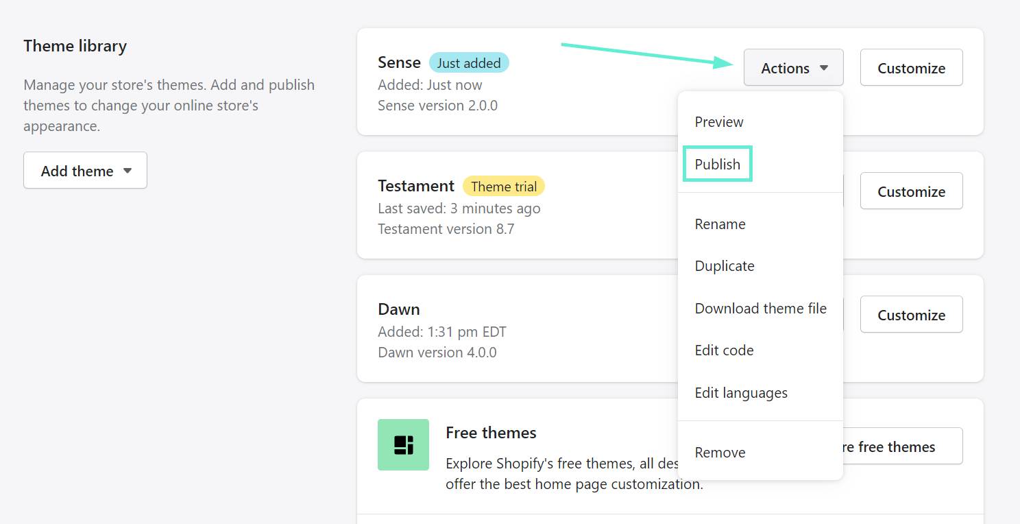 publish button - how to change themes on Shopify 2