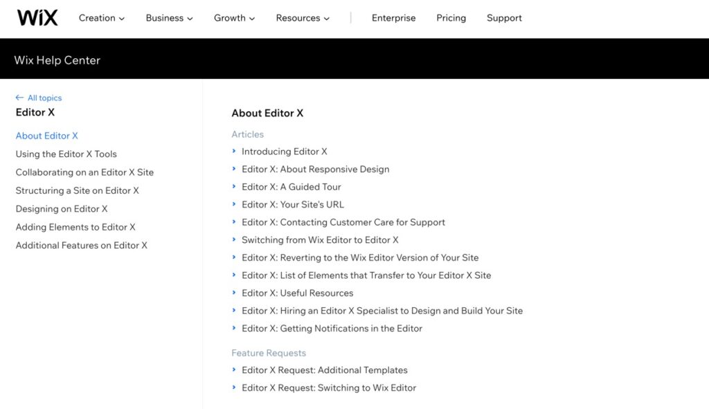 Editor X support documentation through the Wix site