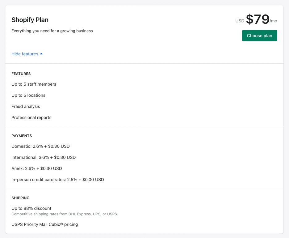 Shopify plan extra features 