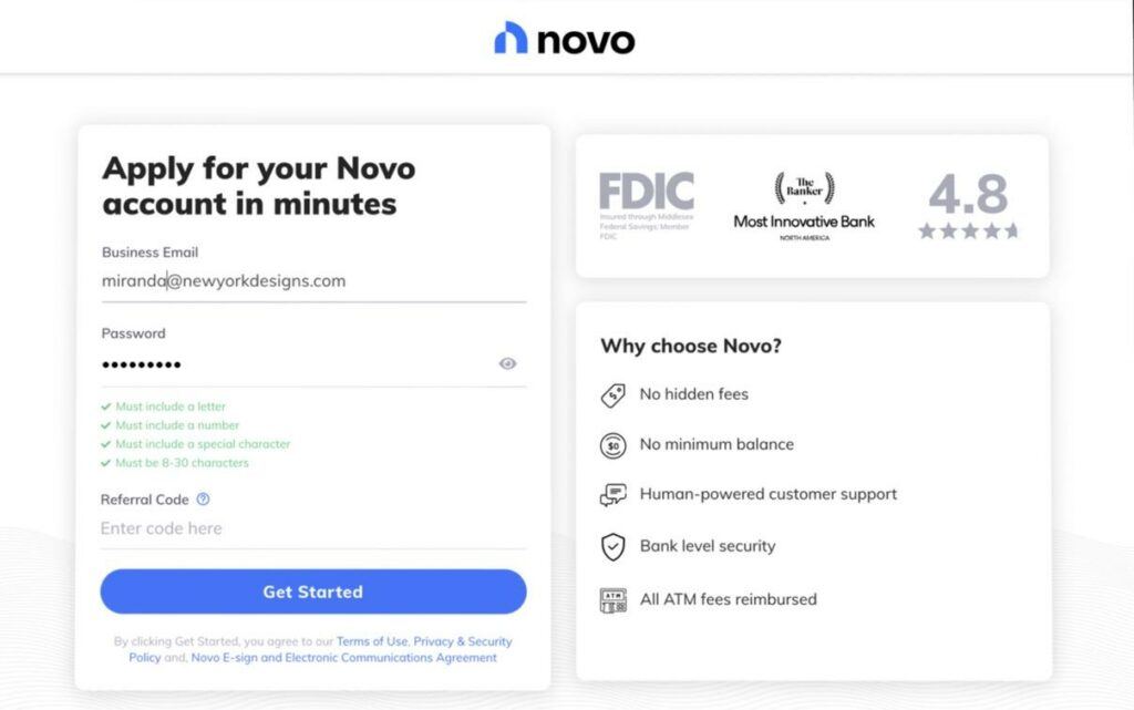 Novo business banking application
