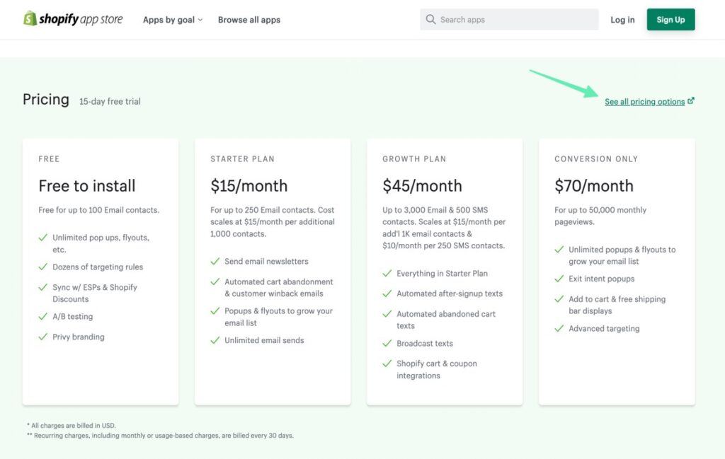 see all pricing options for Shopify apps