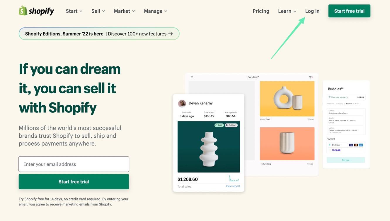log in button to Shopify Admin