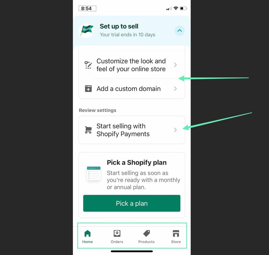 homepage of mobile Shopify Admin