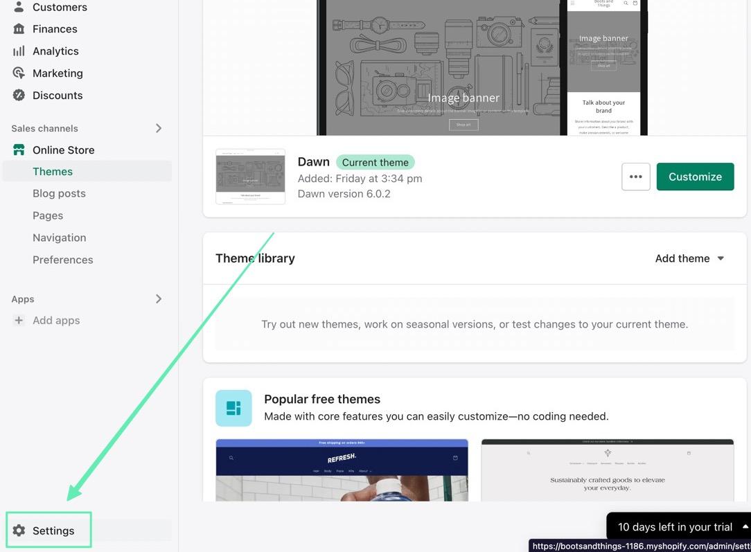 settings on Shopify Admin