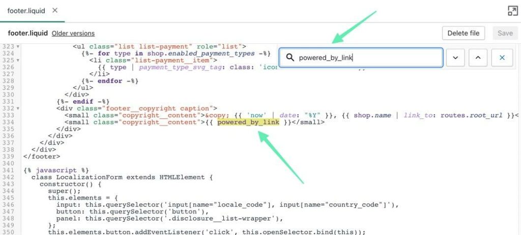 search for the code for how to remove Powered By Shopify