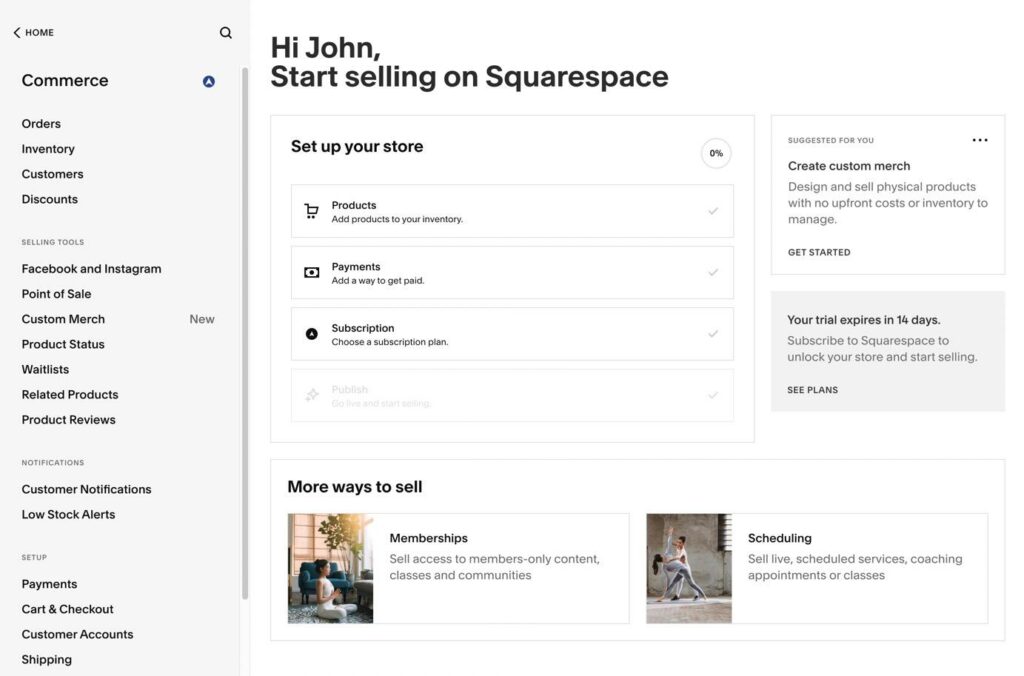 features on the dashboard for Squarespace