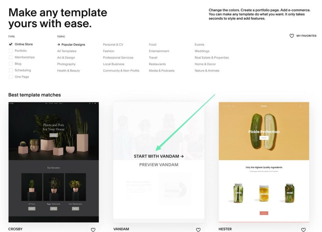 picking a template in Squarespace
