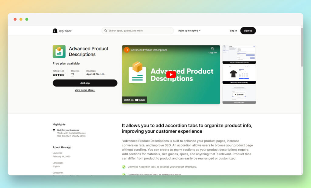 Advanced Product Descriptions - product description apps for shopify