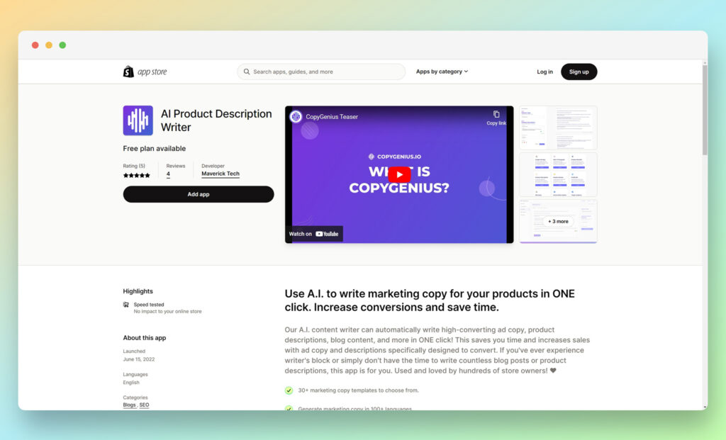 CopyGenius AI Product Description Writer - product description apps for shopify