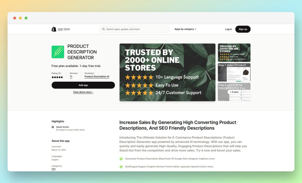 PRODUCT DESCRIPTION GENERATOR - product description apps for shopify